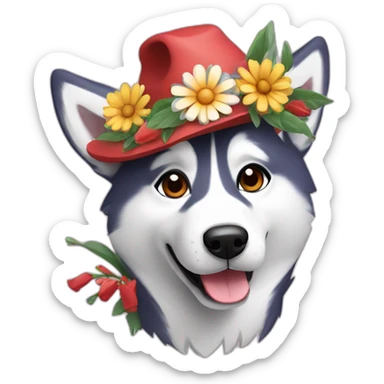 husky dog with a bouquet of flowers in a festive hat sticker