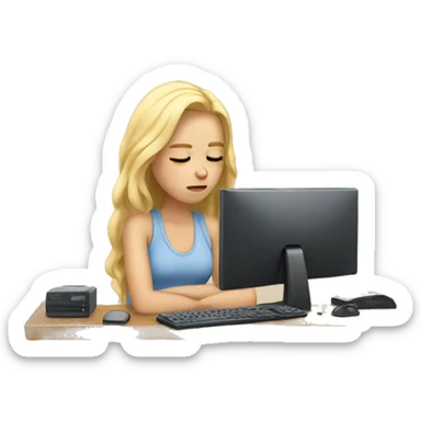 Tired blond Girl in Front of a pc  sticker