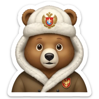 Cute brown bear in white fur ushanka hat with centered Russian coat of arms, front view, iOS emoji style sticker