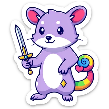 A rainbow-colored possum in heroic pose holding a jewel-encrusted sword, with glitter, hearts, and neon colors sticker