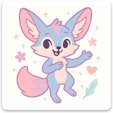 female anthropomorphic fennec fox, unique style blending kawaii and magical elegance, blue and pastel pink fur with fairy mauve highlights, large eyes shining with humor and softness, dynamic and benevolent posture, subtle motifs of stars, flowers, hearts or feathers, embodying hope, harmony, freedom, peace, mutual aid, acceptance, self-confidence, mischievous version sticker