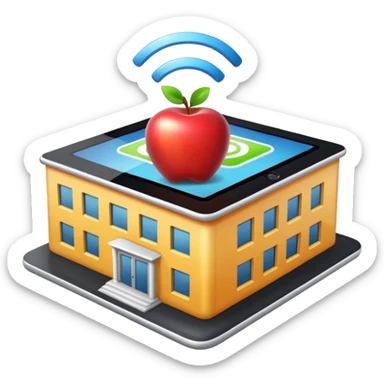 shiny school building with Wi-Fi symbol on the roof and a tablet in front, Apple emoji style, clear details sticker