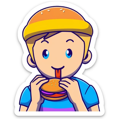Young blonde guy with blue eyes from LGBT community eating McDonald's burger, rainbow pride details sticker