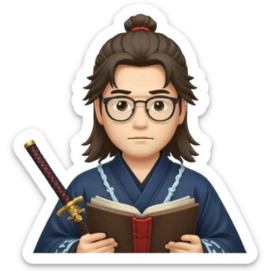 Long Haired Samurai with Glasses, Calm swordsman reading scroll with glasses sticker