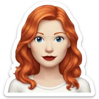 Kirsten Dunst, long red hair, blue eyes, pale skin, red lipstick, white t-shirt sticker