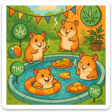 Hamsters celebrating a weed-themed pool party, some holding tiny joints, cheese platters floating in the pool, and THC symbols on decorations, fun and mischievous atmosphere. sticker