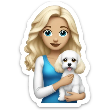 Cute long haired Blonde nightclub girl with blue eyes and holding white cavachon dog sticker