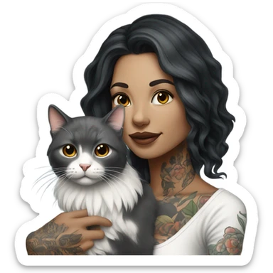 Beautiful dark haired tattooed woman holding gray and white long hair cat sticker