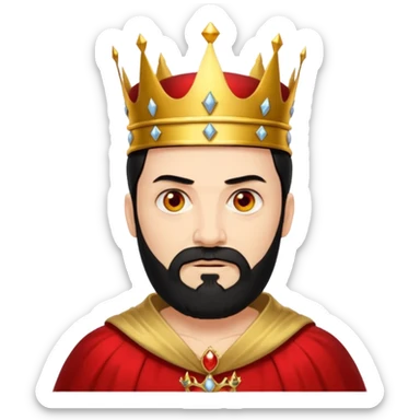 

a yellow king, red eyes, 60 years old, black hair, black beard, wearing a crown, red robe, fierce face emoji
 sticker