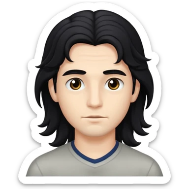 A handsome boy with long, wavy black hair that falls to his eyes, and matching dark eyes and eyebrows.
 sticker