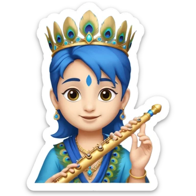 Cute young Krishna emoji, soft blue skin, peacock feather on crown, charming smile, holding a flute, big expressive eyes, round chibi emoji style, divine and joyful look." sticker