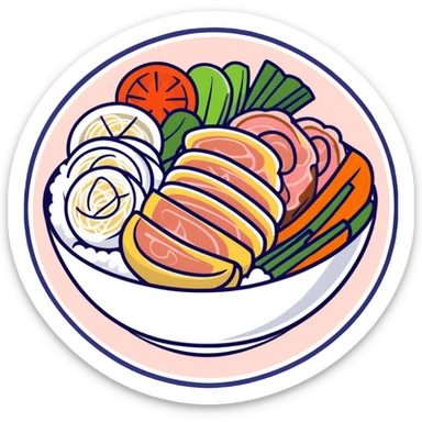 A Vietnamese Bún Thịt Nướng dish with rice noodles, grilled pork, fresh herbs, and vegetables in a bowl sticker