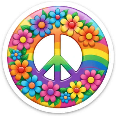 A round psychedelic colored button that says love, peace, and joy with rainbow colored hippie style flowers sticker
