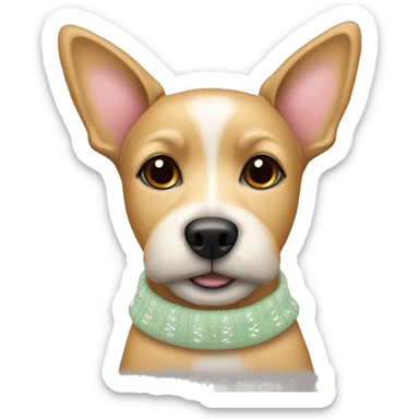 Small/ medium tan terrier Dog with a pastel Christmas sweater and white bow sticker