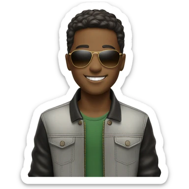 smiling boy in stylish outfit with ray-ban sticker