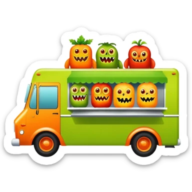 Green foodtruck with monster characters on it in red, orange, yellow sticker