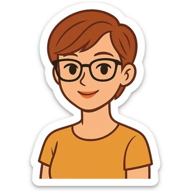 flat toon style woman in her 20s with auburn pixie cut (side part) and glasses sticker