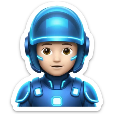 “Futuristic Roblox boy emoji, 2050 style. Blue neon visor, cyber helmet, metallic skin glow, hologram lines, tech-suit with glowing seams, soft neon background.” sticker