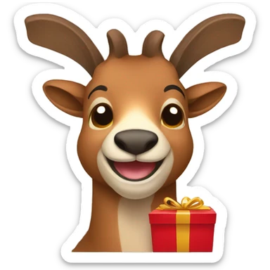 happy smiling brown chamois holding red gift sticker