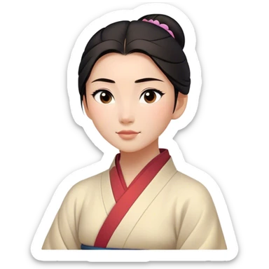 Cinematic Serene Mulan Portrait Emoji, rendered in a simplified vector style. Depict a gentle Mulan (chest and above) with warm, radiant skin, sleek dark hair pulled back in a neat bun, and a calm, thoughtful expression, wearing a simple traditional robe in muted hues. The design glows softly with an elegant, inviting light. sticker