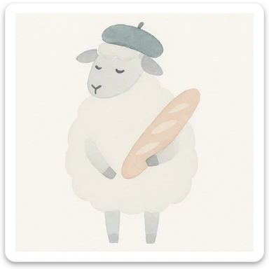 a French sheep with a beret and baguette, watercolor art style sticker