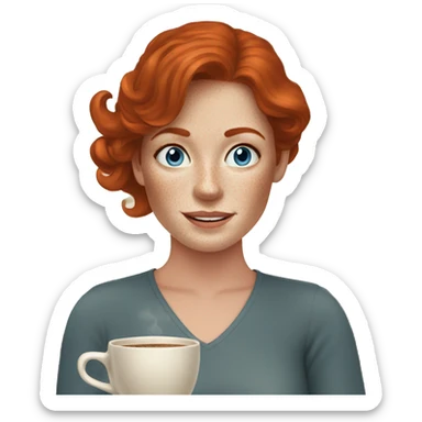 Redhead lady in 30s with freckles at home with coffee with blue eyes sticker