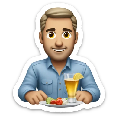 a man sitting at a table with appetisers and a glass of ouzo on the rocks sticker