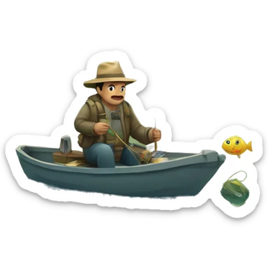 Hombre pescando en un río y capturando un pez sticker