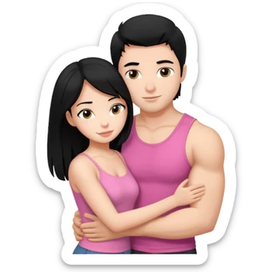 a pretty bratz fair girl. black hair, wearing a pink cami top hugging a handsome fair guy with black hair. lean but muscular who is wearing a black tee sticker