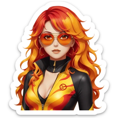 Beautiful gorgeous anime lady with beautiful fiery long warm-red-orange-yellow-gradient-wavy-special-hair, fashion aesthetic, slim red-tinted-sunglasses, accessories, gold jewelries, red-and-yellow sunny-pattern-eyes, black latex-suit, biker-woman, cool, badass, ahoge, gold necklace sticker