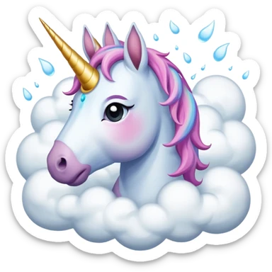 A unicorn flying through clouds, sad, cry tear from eyes, portrait, bust up sticker