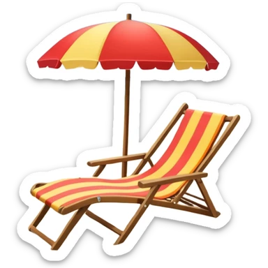 Icon for Beach Tourism: a sunny beach with the sea and waves, a lounge chair, a sun umbrella, and flip-flops on the sandy shore. The background should be a clear, vibrant ocean view with the sun shining brightly. Transparent background. sticker
