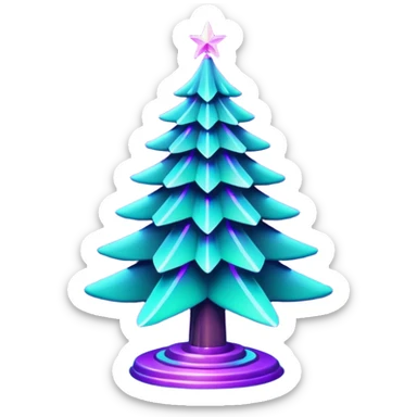 Futuristic glowing Christmas tree emoji with neon decorations, purple and cyan holographic glow, dark background, festive sparkles, no face. sticker