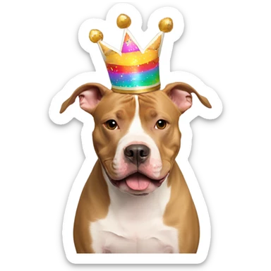 Tan and white pitbull wearing birthday crown  sticker