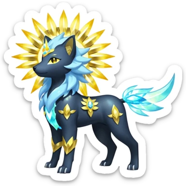 Shiny sparkly gembond auroral boreal Solarpunk solar aesthetic shiny glowing divine lighting glimmering shimmering Amaura-Solgaleo-Luxray-Trico-fusion (full body) sticker