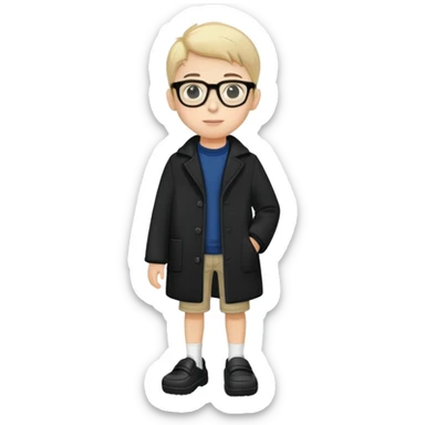 boy with glasses, short height, wearing crocs and a black coat sticker