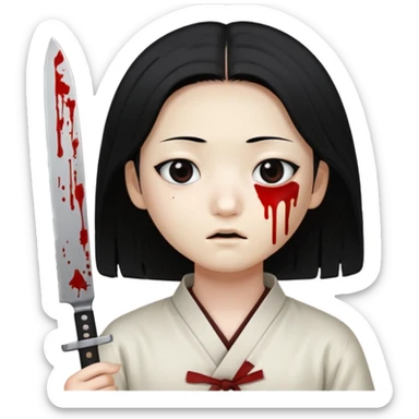Korean murderer white skin with Asian eyes and holding a small mini kitchen knife with black straight hair with also one eye is blind covered with blood  sticker
