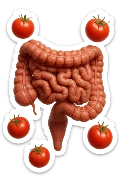 intestino umano anatomico con pomodori che gli fluttuano intorno, iperrealistico 4k sticker
