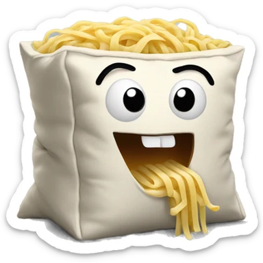 A pillow with a crazy face eats noodles from a box sticker