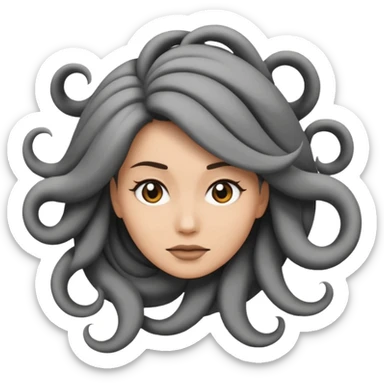 Minimalist emoji-style sticker of a woman’s head in profile, her hair spiraling into a vortex shape. Desaturated black and gray tones, emoji proportions.
 sticker