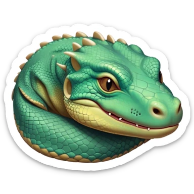 Meme-Worthy cute Sleeping Komodo Dragon Lizard Portrait Emoji, Head resting peacefully with a contented smile, showcasing a rugged, textured form and eyes gently closed in serene slumber, Simplified yet comically adorable features, highly detailed, glowing with a soft, drowsy glow, high shine, relaxed and utterly lovable, stylized with an air of playful laziness, bright and heartwarming, soft glowing outline, capturing the essence of a sleeping ancient guardian that feels destined to become the next viral icon of adorable rest! sticker