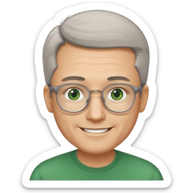 Man with receding hair, grey hair only on the sides, green eyes, rectangular reading glasses, rounded clear face, with a smile sticker