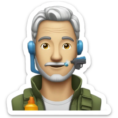 Man with water pistol attached to his ear sticker