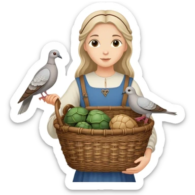 girl carrying wicker basket with two live turtledoves, medieval age sticker