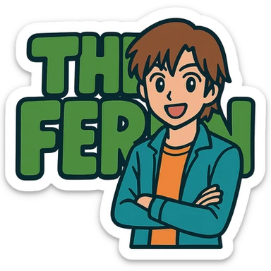 Add a brunette anime man standing in front of the green bubble letters that say 'The Fern' with a black outline. The man should have medium-length brown hair, stylish casual clothes, and an expressive anime face. Keep the playful, bold vibe. sticker