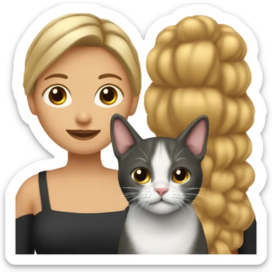 mujer de cabello rubio oscuro de tez trigueña clara con gato negro en los brazos sticker