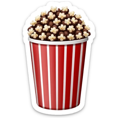 Chocolate popcorn in a paper jar with red and white vertical lines sticker