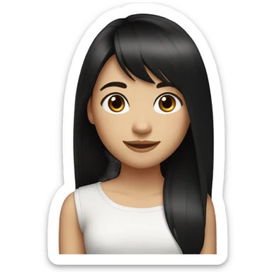 A girl with straight long hair , jet-black hair styled in a bang. Fair skin. Dark brown eyes. Smiling naturally. sticker