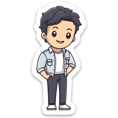 Casual business strategist with black wavy hair, stubble, strong features, white skin, wearing casual Friday outfit with no tie, leaning back relaxed, friendly smile, personal and approachable for Instagram profile sticker