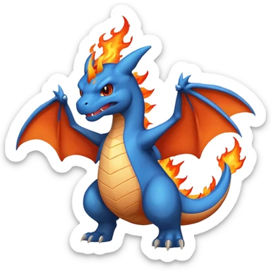 cute minimalistic charizard pokemon throwhing flames 2 horns, blue wings only on the inside part sticker